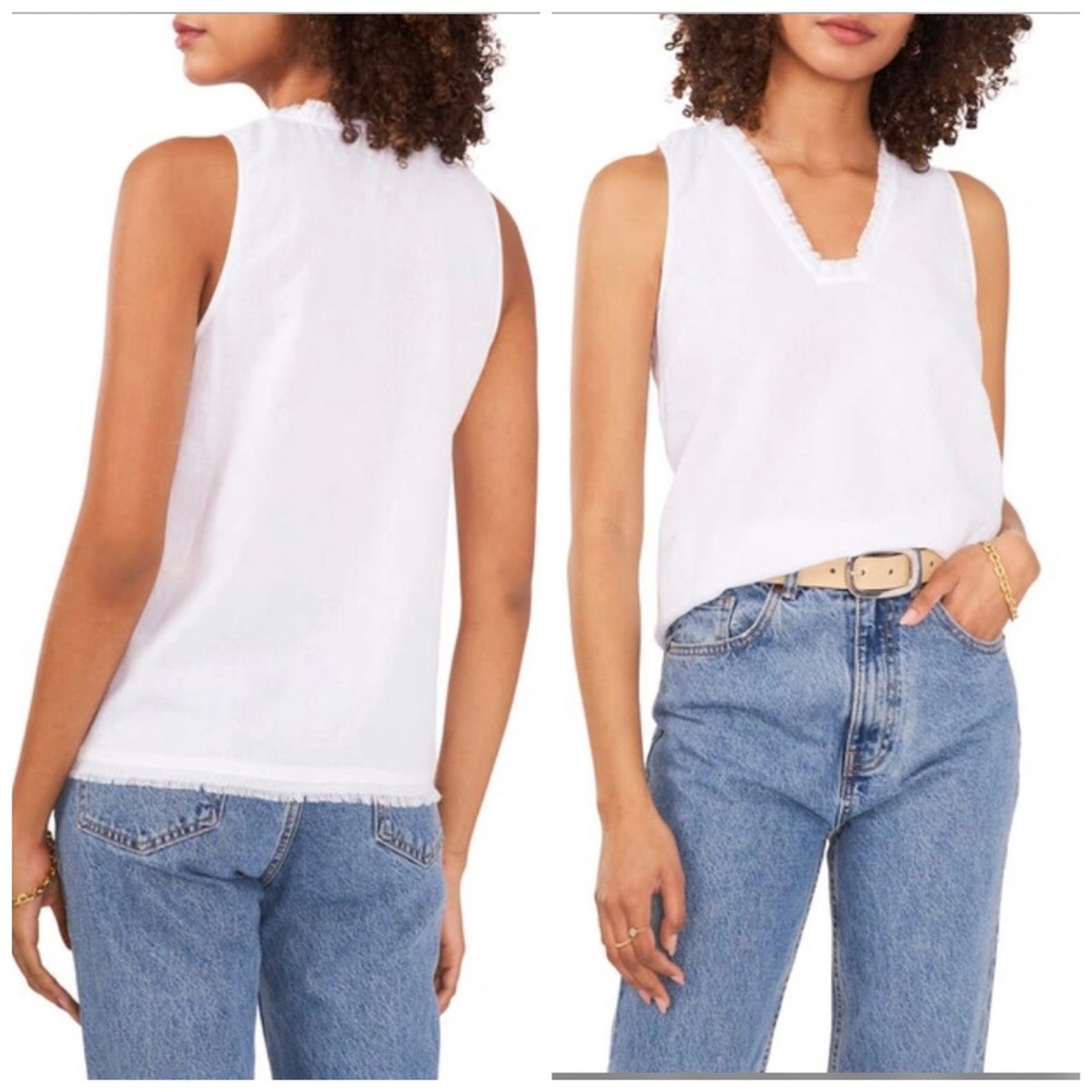 NWT Vince Camuto Fringe V Neck Linen Blend Sleeveless Top White, Small